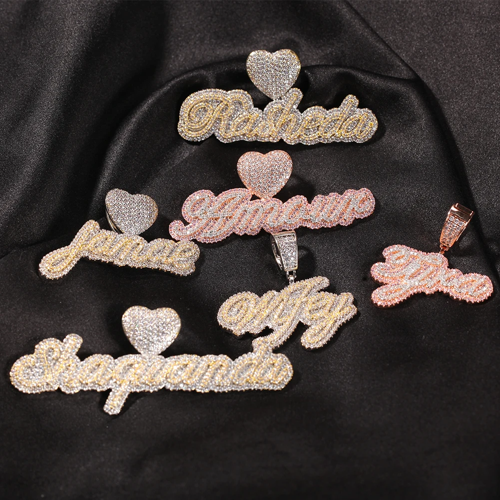 Lettre cursive personnalisée Uwin avec fermoir en forme de cœur, collier avec nom personnalisé, chaîne de tennis, zircone cubique, bijoux tendance, hiphop