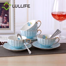 Керамические чайные наборы с ложкой, чашки для молока, кофе, наборы, кофейные кружки с цветочным принтом, чашки для послеобеденного чая, блюдце, голубой, розовый, посуда для напитков, 200 мл