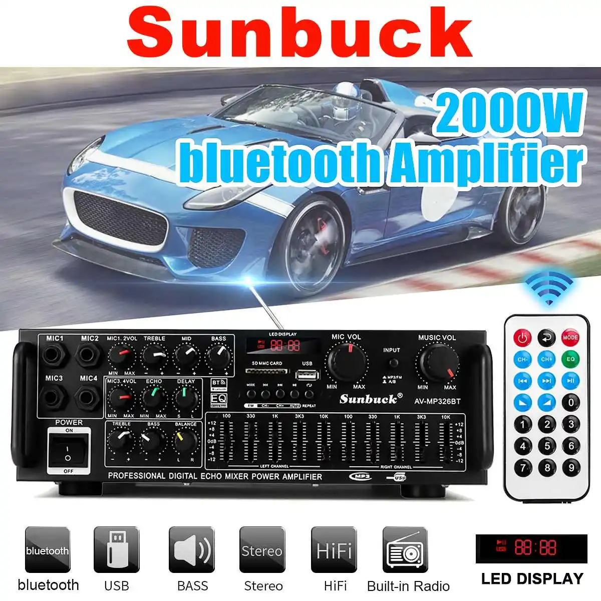 

2000W 110V/220V 2channel bluetooth Home Stereo Power Audio Amplifier Audio USB SD Remote Amplifiers Subwoofer Amplifier