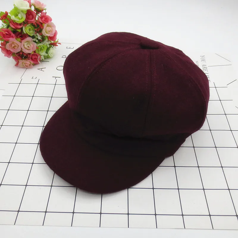 Осенне-зимняя Новинка, стильный светильник в Корейском стиле, восьмиугольная кепка, элегантная однотонная шерстяная шапка для путешествий, теплая шапка для художника, берет - Color: Wine Red