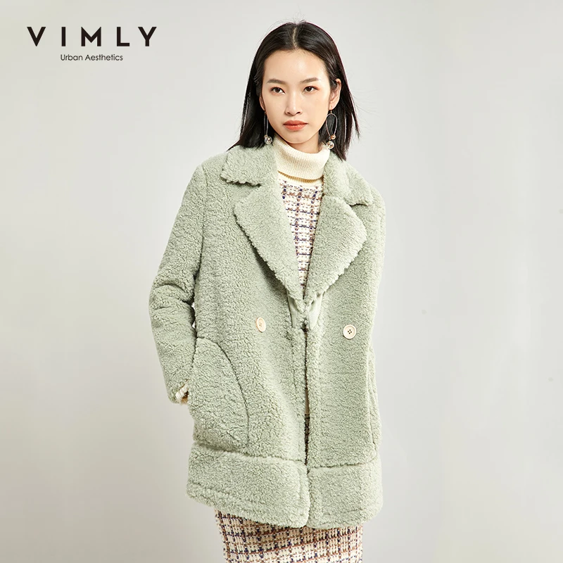 Женское пальто с искусственным мехом Vimly винтажное однотонное двубортное отложным воротником теплая