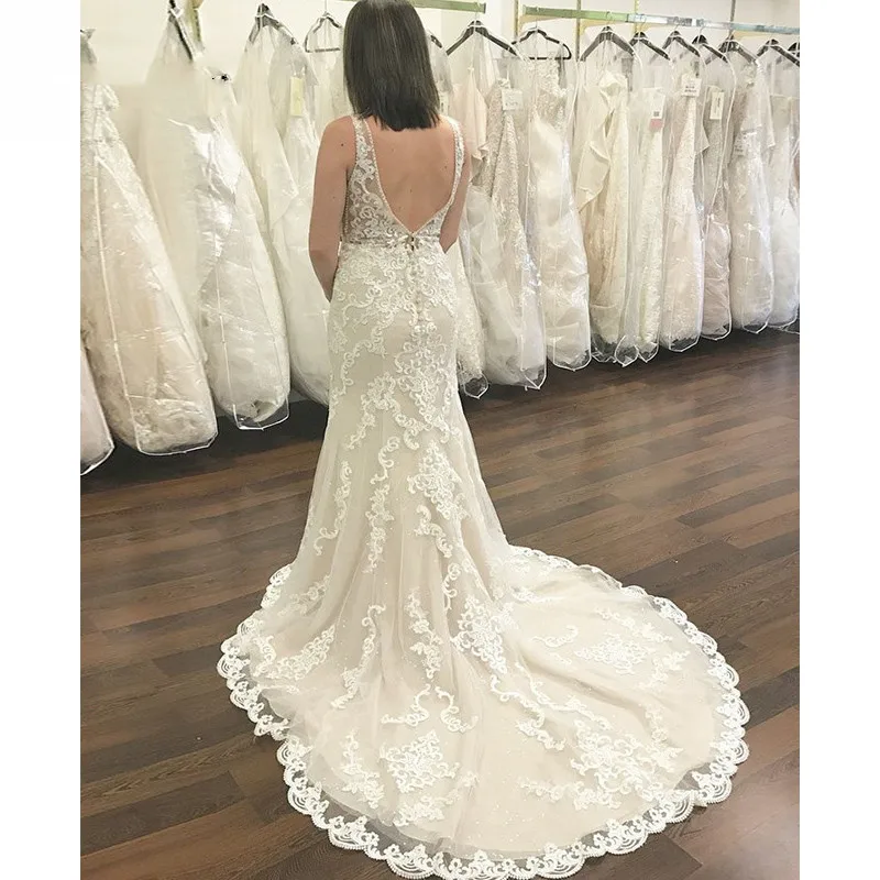 Vestido De Noiva сексуальное свадебное платье русалки с открытой спиной и v-образным вырезом, кружевной лиф, вышитый бисером, свадебное платье на заказ, robe de mariee