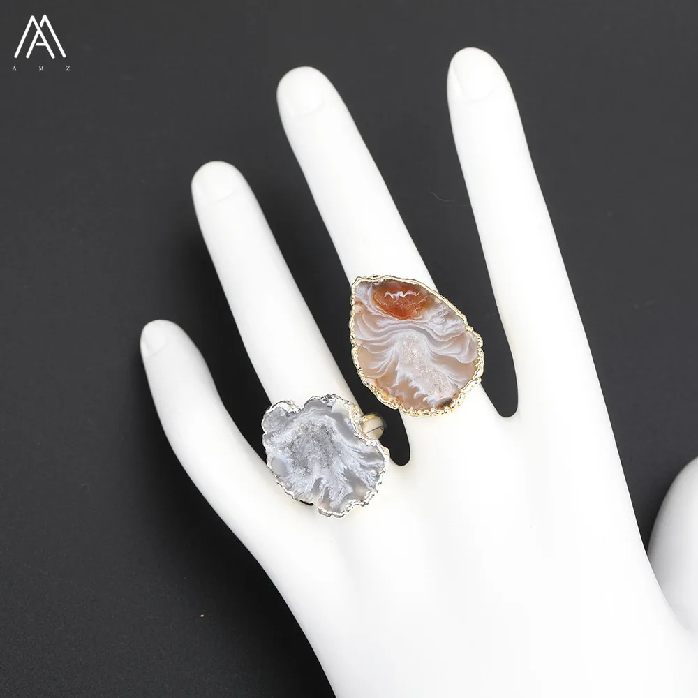 Gold Edges Irregular Druzy Geode Agates Adjustable Ring Women,Fashion Women Freeform Agates Stone Gold Rings Jewelry YT-168AMAJ