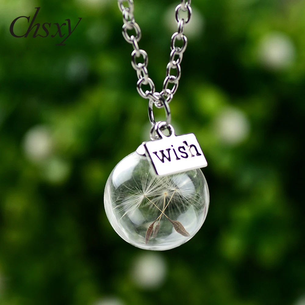 CHSXY Cute Dandelion Seeds In Crystal Ball Necklace Real Dried Flower Silver Color Link Chain Necklace Idea Gift for Best Friend