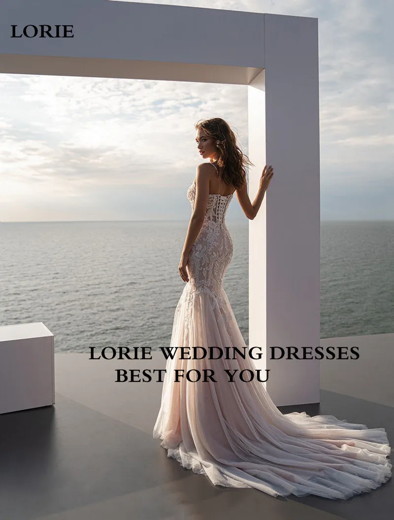 LORIE Champagne Mermaid Wedding Dress 2022 Spaghetti Straps Appliqued Lace Bridal Dresses Boho Wedding Gowns Свадебное пл 3