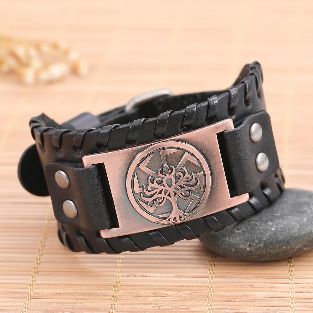 

Man Tree of Life Amulet Kolovrat Amulet Sigil Hand Made Leather Bracelet Charm Talisman Bijouterie Snaps Pulseira Masculina