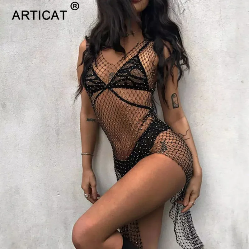 Articat, прозрачное Сетчатое сексуальное облегающее платье, женское ажурное летнее Пляжное Платье До Колена, прозрачные вечерние платья - Цвет: Split V Neck Black