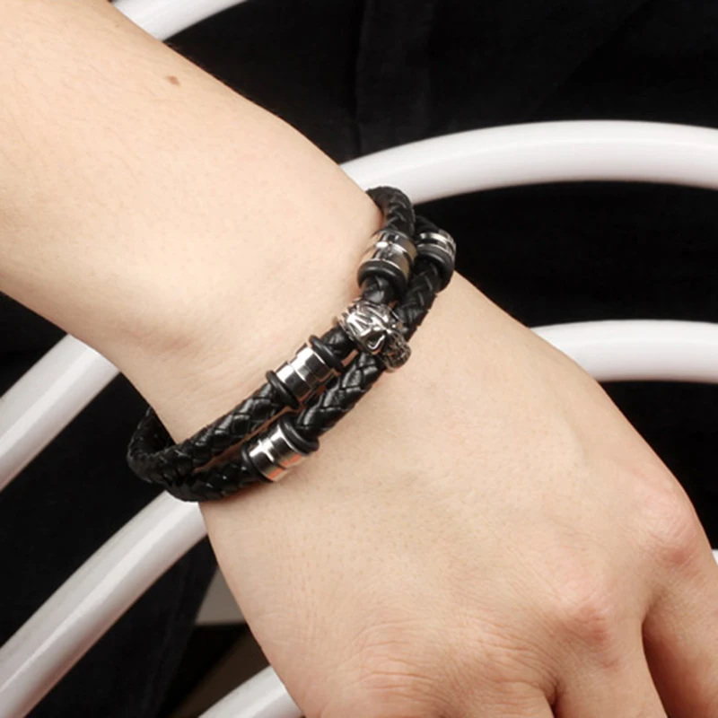 Charm Skull Bracelets & Bangles Men Stainless Steel Double Layer Black Leather Chain Punk Fashion Jewelry PS2099