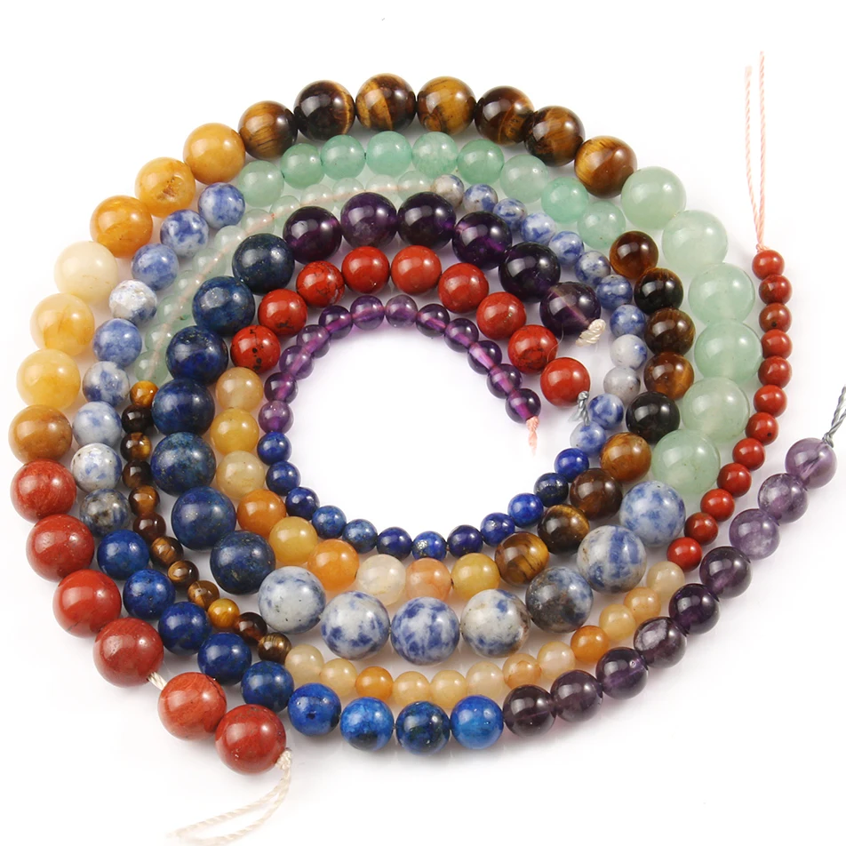 Natural Mixed 7 Chakra Beads Round Loose Stone Beads for Jewelry Making DIY Yoga Bracelet Healing Reiki Energy Jewelry 15''