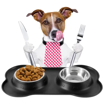 

Double Pet Bowls Dog Food Water Feeder Non-slip Cat Bowl Dog Bowl Pet Supplies Stainless steel bowl with silicone base
