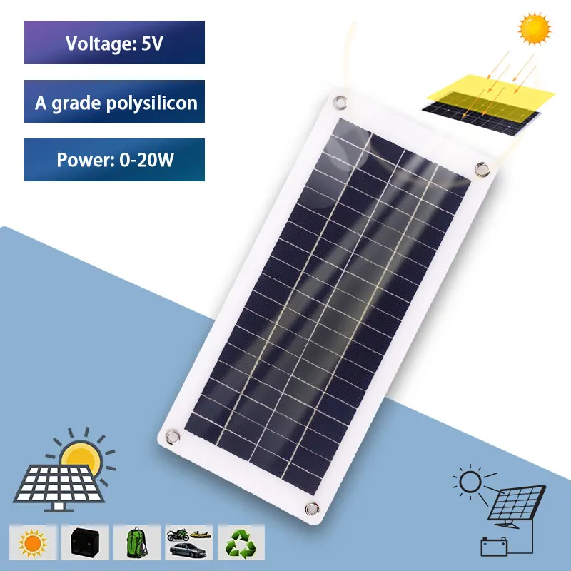 

20W Solar Panel Charger Charging Inverters DC Line DIY Multifunctional Alligator Clip PWM Travel Solar Panel Kit