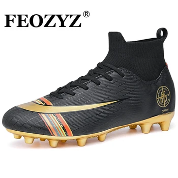 

FEOZYZ High Ankle FG Football Boots For Adult Kids Gold Long Spike Soccer Shoes Chuteira Futebol Botas De Futbol