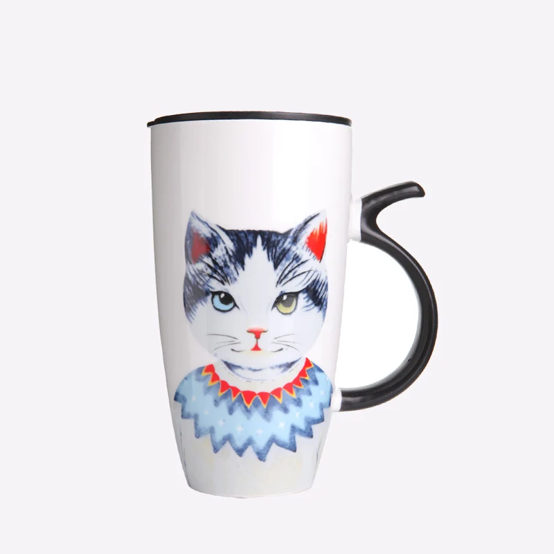 Кошка Творческий стакан с отметками 600 мл большой емкости керамическая чашка воды простой бытовой милый личность кофейная чашка с крышкой Ложка