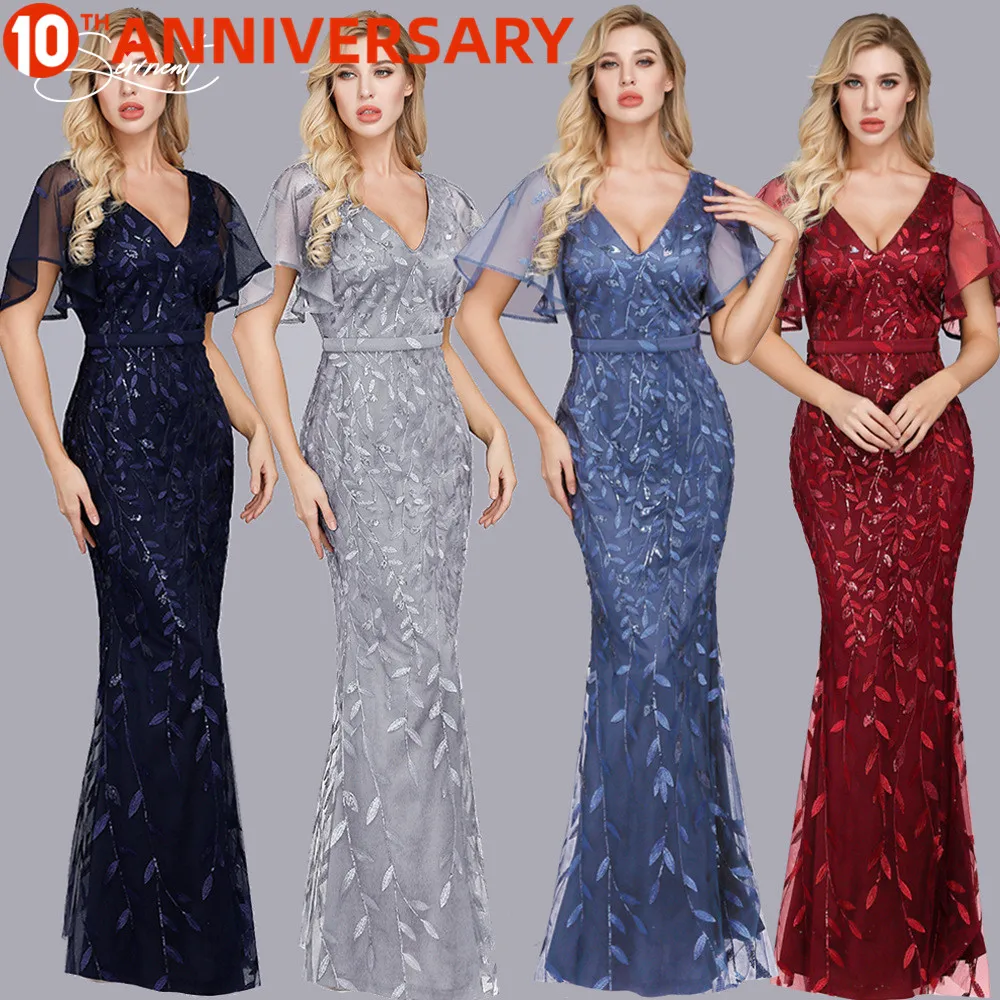 

OllyMurs Spring Summer Multicolor New Lotus Leaf Sleeves V-neck High Waist Sexy Banquet Mermaid Formal Evening Dresss Women