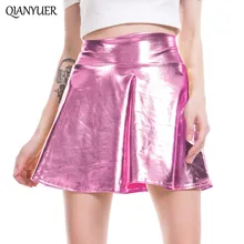 Юбка из искусственной кожи для женщин, плиссированная сексуальная юбка из искусственной кожи, женская элегантная мини-юбка выше колена, серебристая блестящая голографическая блестящая одежда