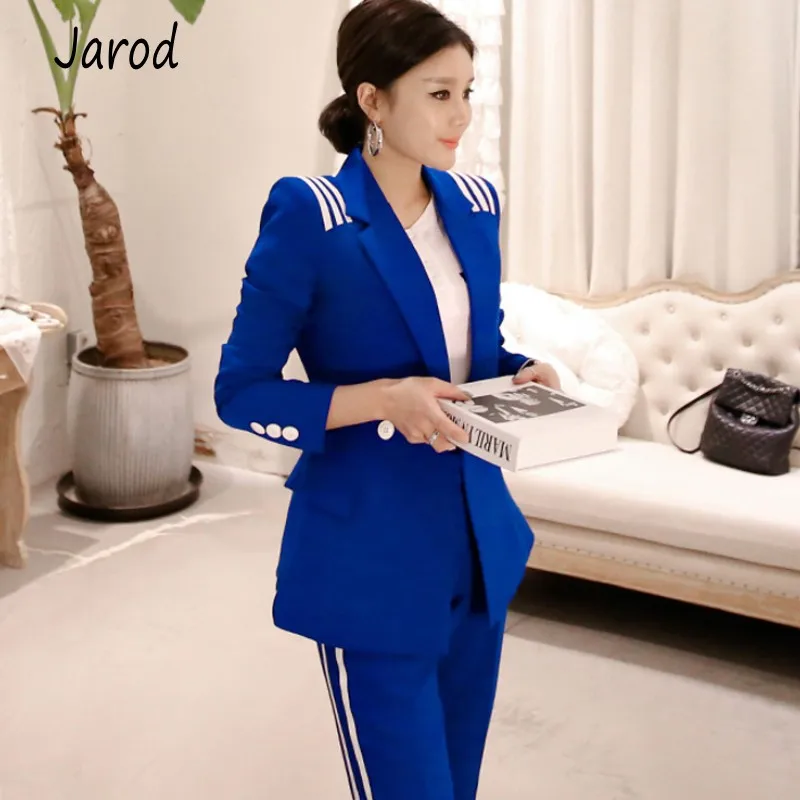 

2019 Autumn Women Two Piece Set Casual OL Pant Suits Business Blue Blazer Suits Formal Work Coat + Slim Long Pant Sets
