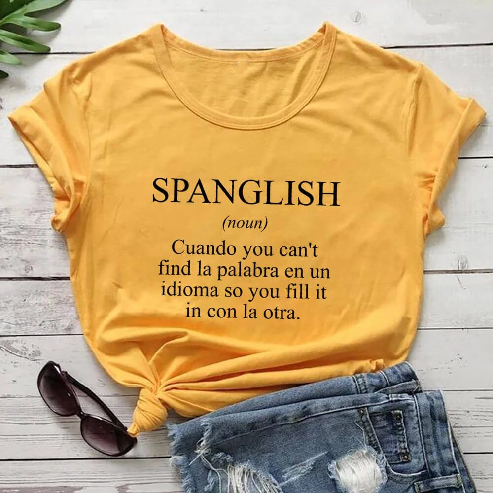 SPANGLISH Camiseta de manga corta para mujer, camisa mexicana 100% de algodón, divertida, informal, con cuello redondo, para profesores de -