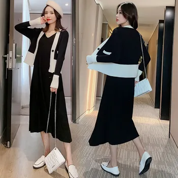 

Korean fashion pregnancy dress new maternity dress autumn and winter knitted sweater two-piece suit