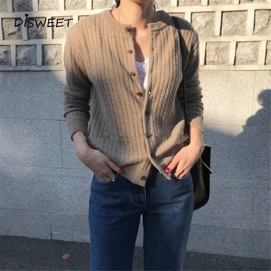 Осенний винтажный вязаный кардиган для женщин в Корейском стиле с длинным рукавом и круглым вырезом, Короткие топы для женщин, повседневный свободный свитер