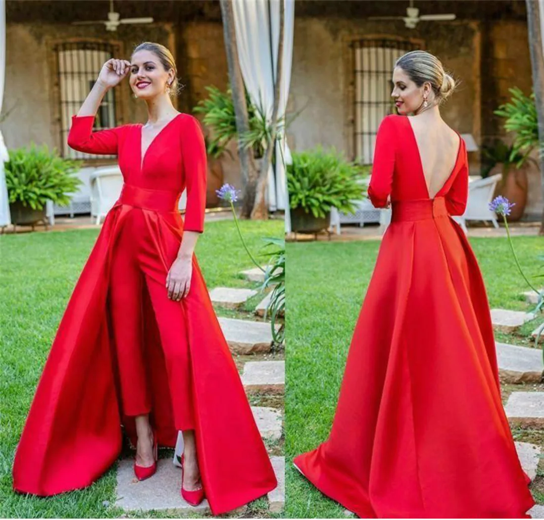 

2020 Hot Red Prom Dresses Long Sleev Prom Gowns Custom Jumpsuits Women Formal Evening Dresses Floor-length