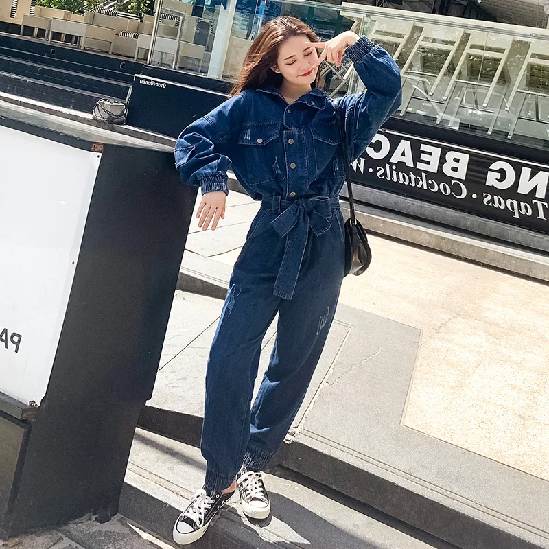 

Long Sleeve Cowboy Cargo Overalls WOMEN'S Dress 2020 Spring New Style Students Korean-style Loose-Fit High-waisted Slimming Ones