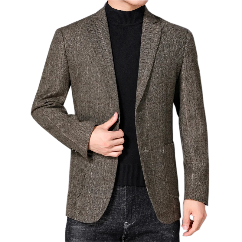 

Elegance Wool Blazer Men Vertical Stripe Suit Jackets Camel Gray Notched Collar Costume Homme Autumn Winter Man Clothing Smart