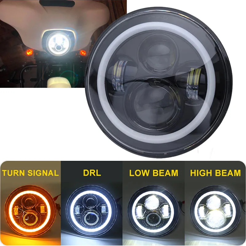 Светодиодсветильник фара для мотоцикла, 7 дюймов, H4, 7 дюймов, Halo Angel Eye DRL, для мотоцикла r, чоппера, Jeep Wrangler, для внедорожсветильник