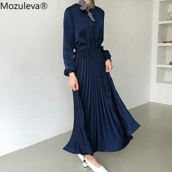 

Mozuleva Elegant O-neck Pleated Dress Women Long Sleeve Sashes Belted High Waist Long Dress Female A-line Ladies Vestidos 2020