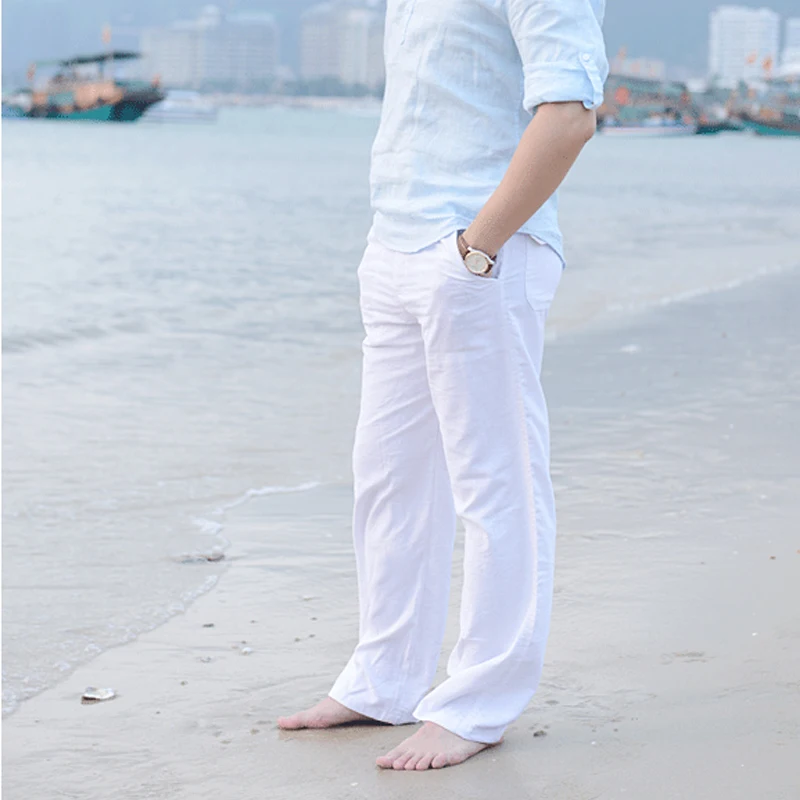 Pantalones De Algodón Y Lino Para Hombre, Cintura