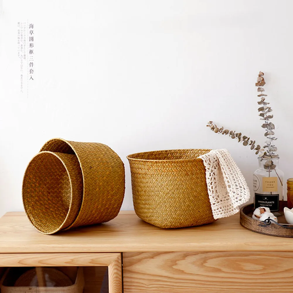 Handmade Bamboo Storage Baskets Laundry Straw Patchwork Wicker Rattan Seagrass Belly Garden Decoration Planter Basket Wy10224