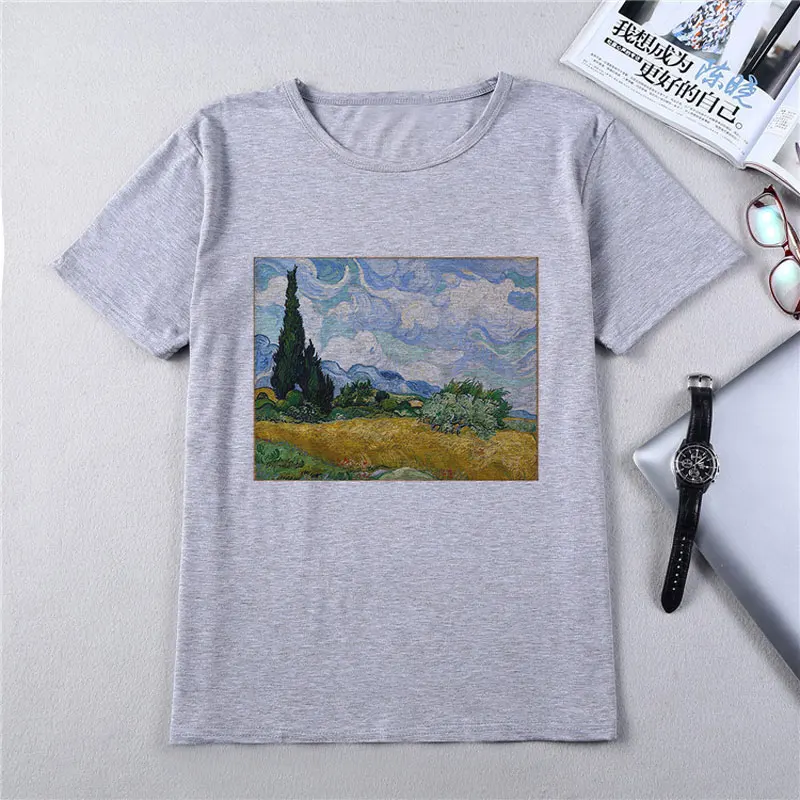 Ван Гог футболка искусство масляной живописи решетки печати милый топ Женская футболка Повседневная Harajuku Vogue футболка Camisetas Mujer Женская - Цвет: 1210-gray