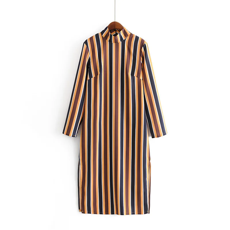 

2018 Western Style Autumn And Winter WOMEN'S Dress New Style Multi-color Stripe Small High Collar Side Slit Dress