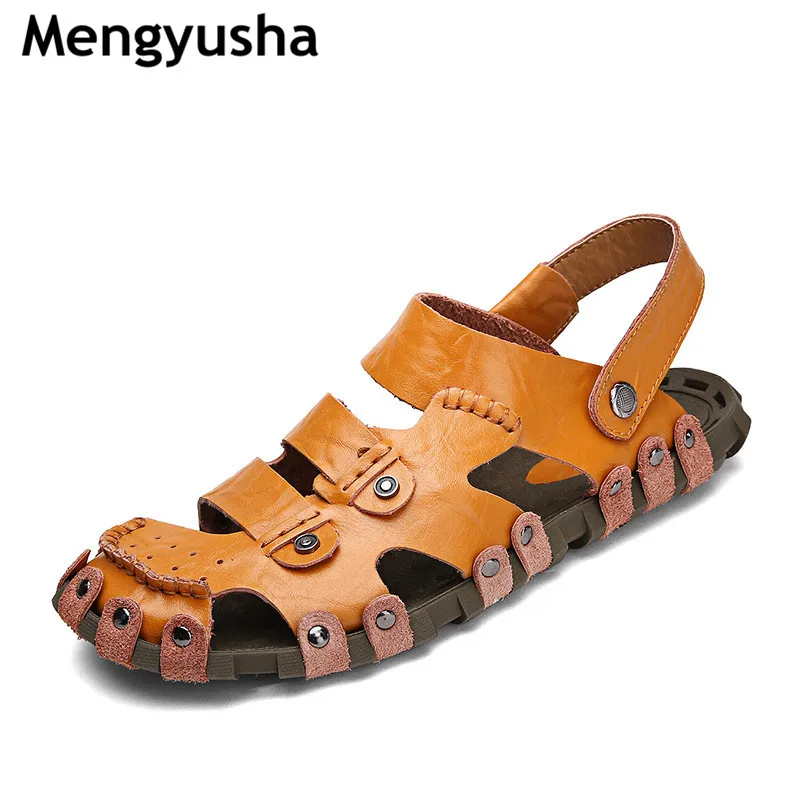 

2019 Summer Big Size Men's Sandals British Fashion Genuine Leather Beach Shoes Mens Casual Massage Non-Slip Large Slippers Flats