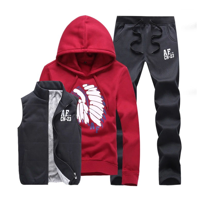 D121 red Брендовый спортивный костюм для мужчин, зимний толстый флисовый мужской спортивный костюм с капюшоном, теплый жилет, толстовки и штаны, мужской костюм из 3 предметов - Цвет: D121 red