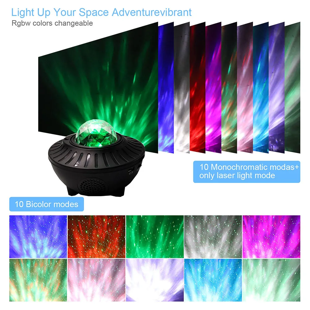 Controle de Voz Colorido Estrelado Projetor Blueteeth Usb Leitor Música Noite Luz Romântica Lâmpada Projeção Presente Aniversário Led Céu 6 Luzes noturnas