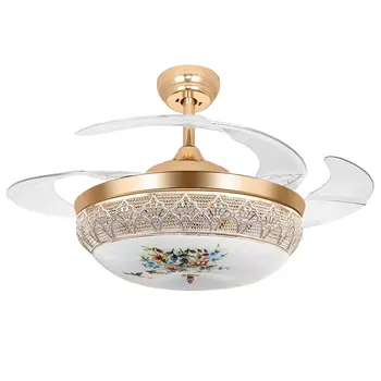 

42 Inch Invisible Crystal Ceiling Fan with LED Light and Remote, 4 Retractable ABS Blades Fan Chandelier for Bedroom Diningroom