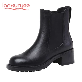 

Lanxuryee concise design solid winter basic shoes women natural leather round toe high heel slip on comfortable ankle boots L08