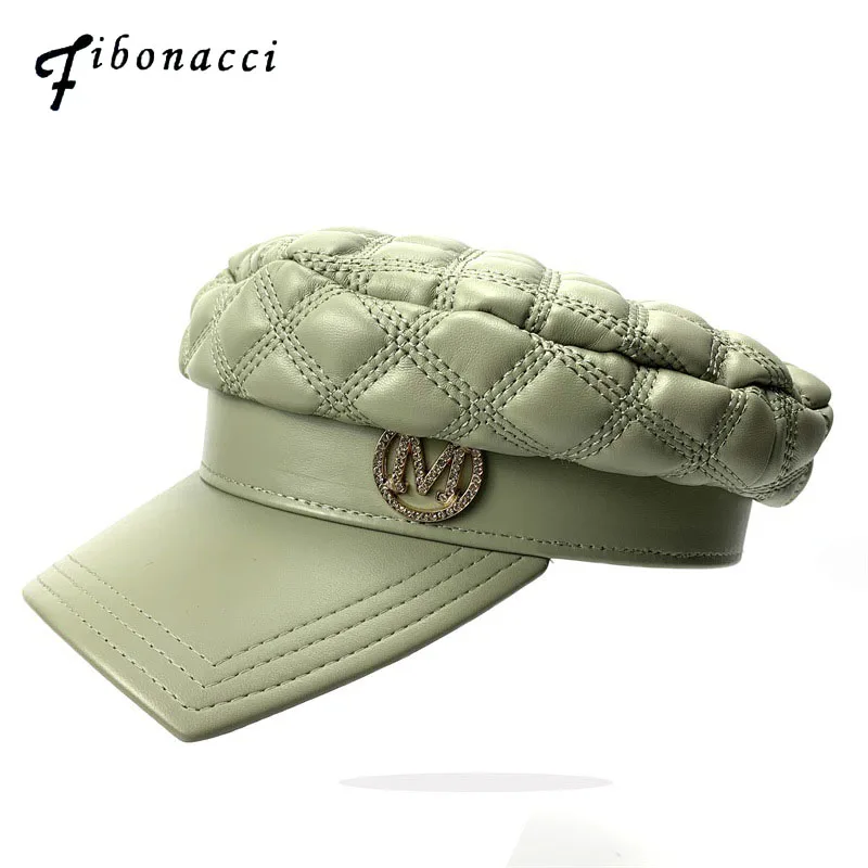 

Fibonacci 2020 New Vintage Personalized Leather Military Cap PU M Letter Grid Fashion Women Flat Army Hats