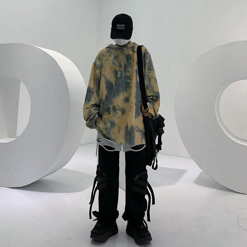 Негабаритных Harajuku уличная граффити галстук краситель контраст с капюшоном карман Толстовка пуловер Толстовка для женщин мужчин панк хип хоп тонкая футболка