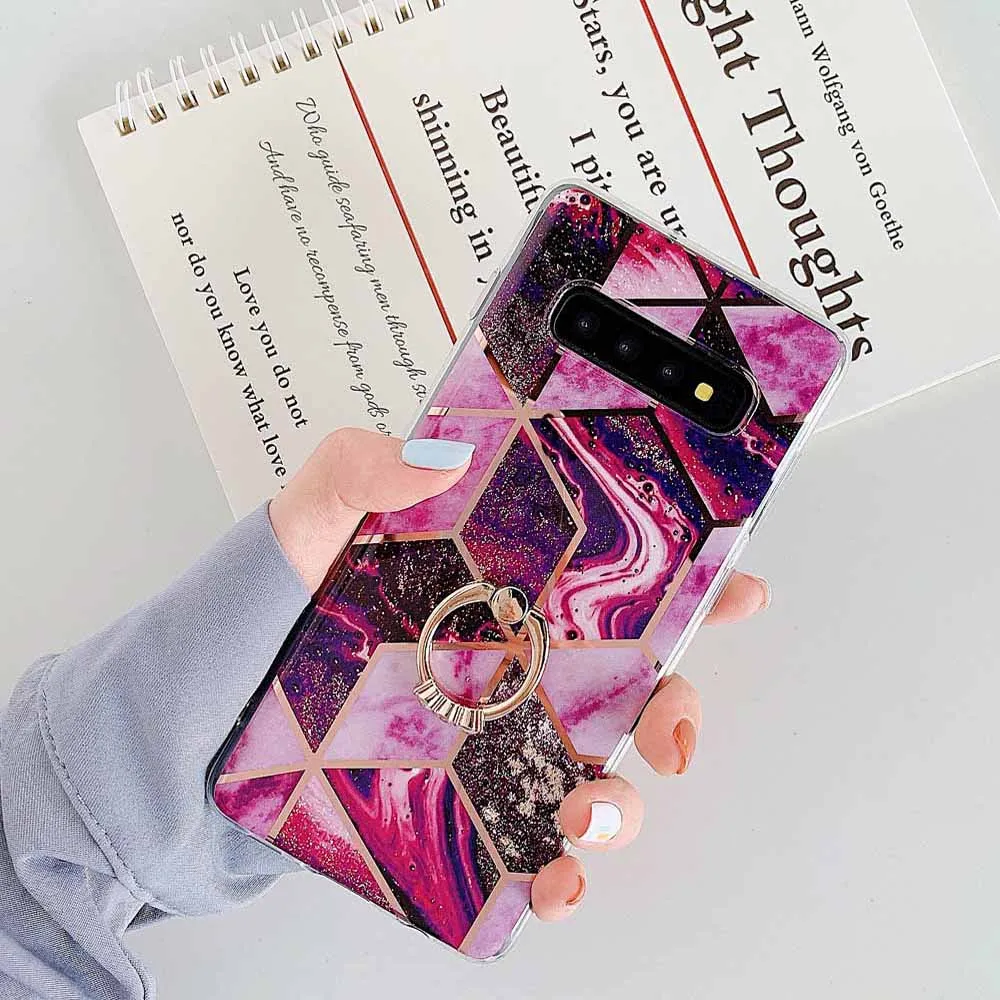 Bracket Purple Red OTAO гальванические геометрические мраморные кольца держатель чехол для samsung S10 Plus S8 S9 A70 A50 Note 9 8 10 кольцо подставка мягкий IMD чехол - Цвет: Bracket Purple Red
