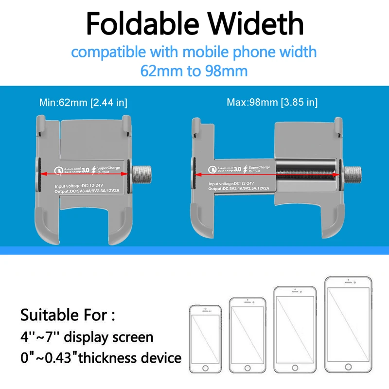 Мотоциклетный держатель для телефона Алюминиевый держатель для смартфона QC 3,0 USB быстрое зарядное устройство зажим Кронштейн для мобильного телефона Поддержка мотора велосипеда
