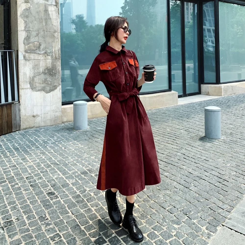 

Photo Shoot France Non-mainstream Shirt Dress 2019 Winter New Style WOMEN'S Dress French Retro Waist Hugging Corduroy Dress
