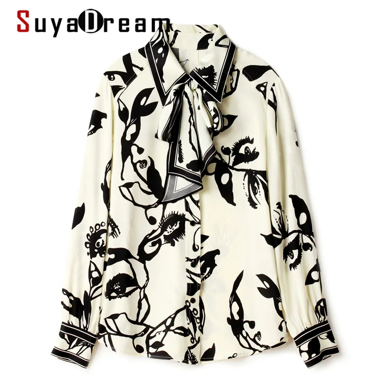 

SuyaDream Women Silk Shirt 95%Silk 5%Spandex Long Sleeves Bow Collar Printed Blouse Shirt 2021 Spring Autumn Office Chic Shirt