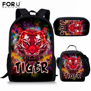 

FORUDESIGNS 3d Tiger Head Print School Bag Set for Boys Cool Middle School Children School Bags 16inch Kids Backpack Mochila