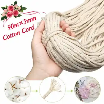

90m x 5mm Natural Macrame Cotton Rope Cord Craft Knitting Thread String Wall Hanging Plant Hanger Garden Flower Pot Holder