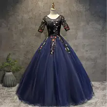 Элегантные винтажные Бальные платья с круглым вырезом, темно-синие платья с коротким рукавом, милые вечерние платья с вышивкой