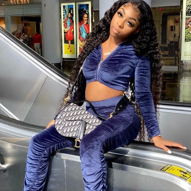 

Velvet Ruched 2 Piece Set Women Elegant Clothes Zipper Crop Top and Stacked Pants Suit Streetwear Tracksuit Women Winter Outfits