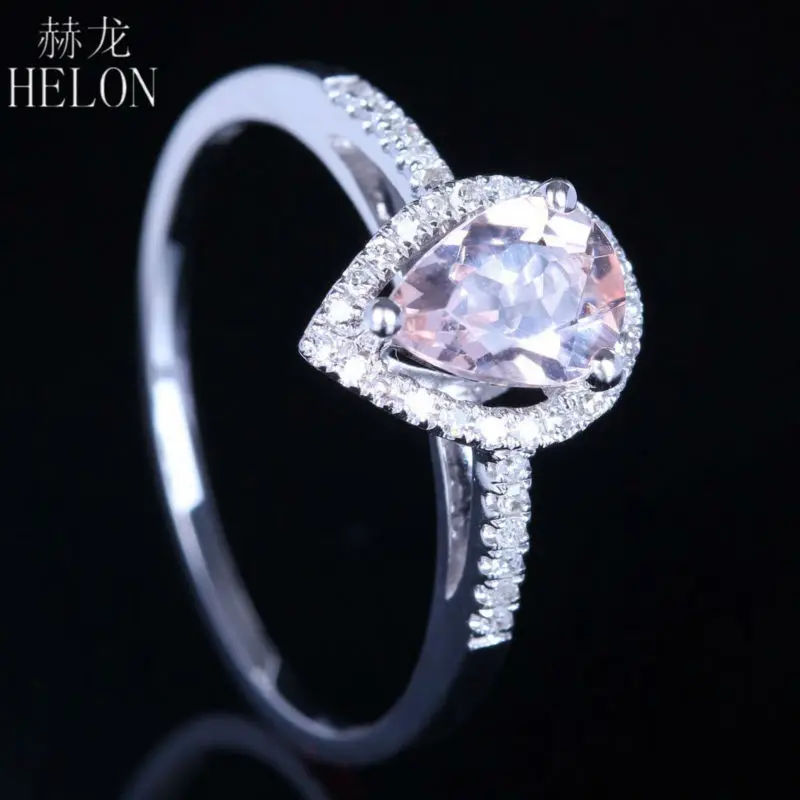 HELON Твердые 10 к белое золото груша 0.78ct подлинный натуральный морганит бриллианты женское кольцо для помолвки Свадебные красивые ювелирные изделия