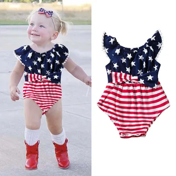 

Independence Day Toddler Baby Boys Girls 4th-of-July Star Stripe Fly Sleeve Bow Romper