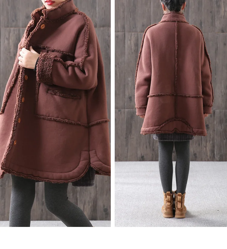Женская новая осенне-зимняя верхняя одежда больших размеров, теплое пальто из овечьей шерсти, утепленное замшевое Свободное пальто с высоким воротником
